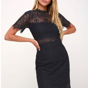 Lulus Remarkable Navy Blue Sheer Lace Short Sleeve Mini Dress, Size Medium